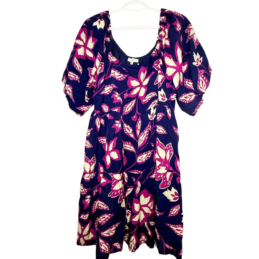 Easel Los Angeles 1X Navy Floral Tiered Midi Dress Puff Sleeve Boho Cottagecore